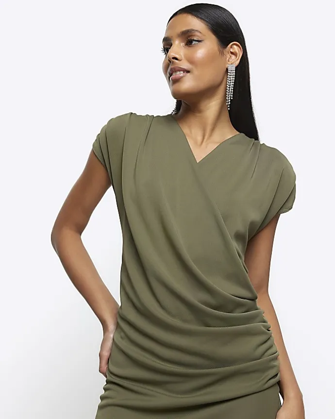 Khaki drape wrap bodycon mini dress