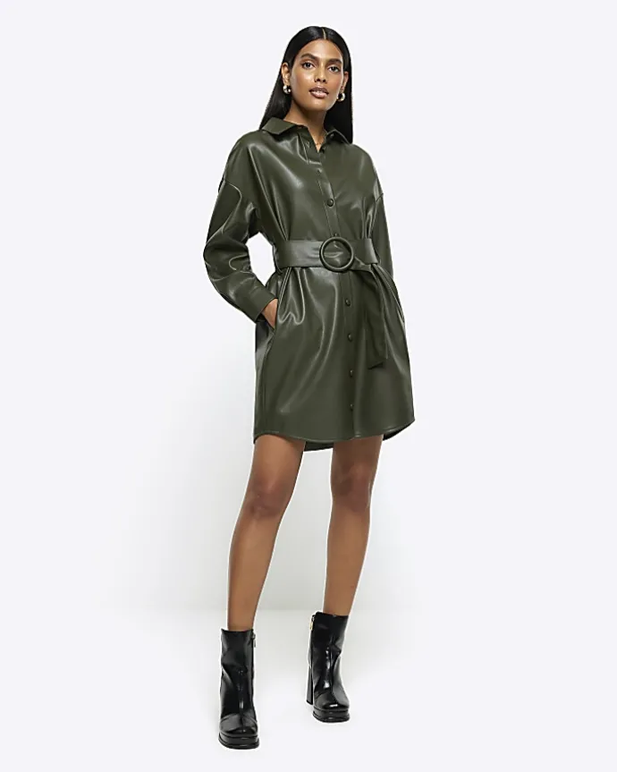 Khaki faux leather belted mini shirt dress