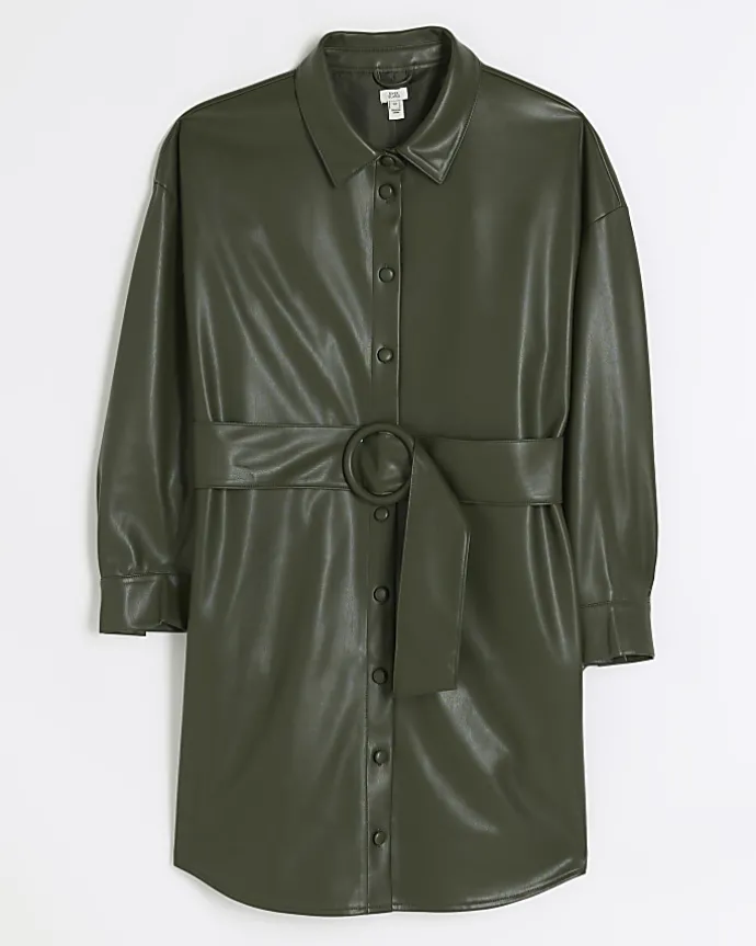 Khaki faux leather belted mini shirt dress