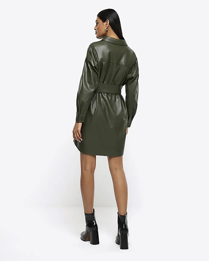 Khaki faux leather belted mini shirt dress