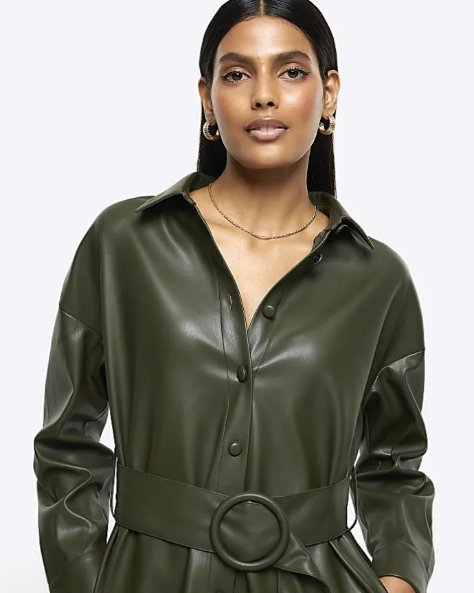 Khaki faux leather belted mini shirt dress