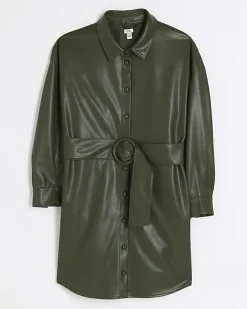 Khaki faux leather belted mini shirt dress