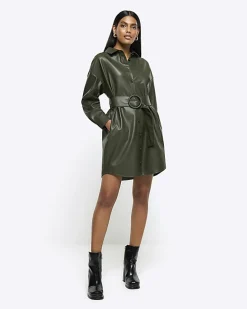 Khaki faux leather belted mini shirt dress