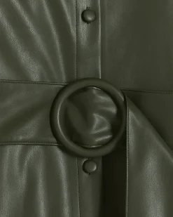 Khaki faux leather belted mini shirt dress
