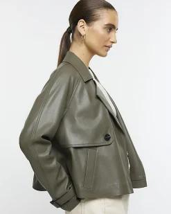 Khaki faux leather crop trench coat