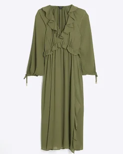 Khaki frill plisse sleeve swing midi dress