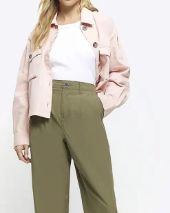 Khaki High Waisted Tapered Trousers