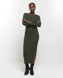 Khaki knit rib jumper maxi dress