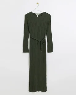 Khaki knit rib jumper maxi dress