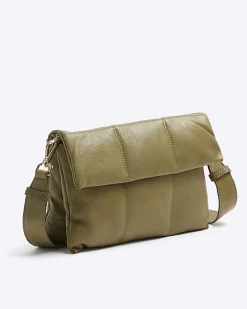 Khaki leather quilted cross body bag
