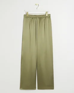 Khaki satin pull on wide leg trousers