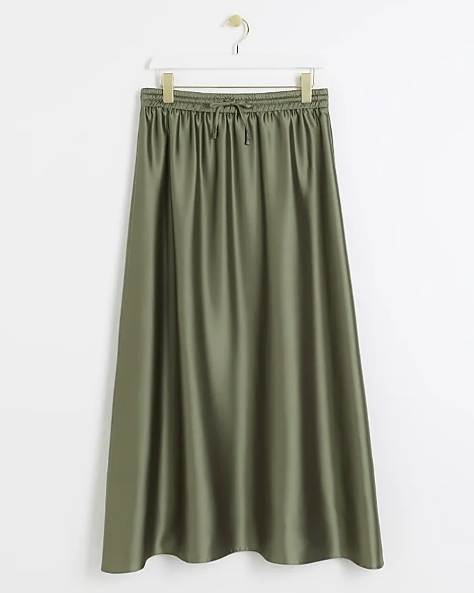 Khaki Satin Tie Waist Maxi Skirt
