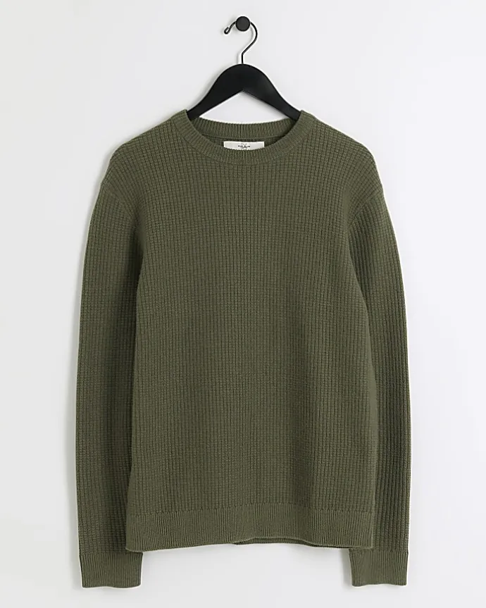 Khaki slim fit waffle texture jumper