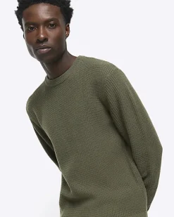 Khaki slim fit waffle texture jumper