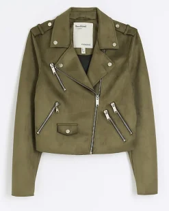 Khaki suedette crop biker jacket