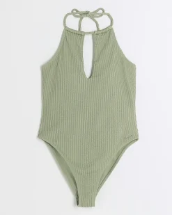 Khaki textured halter swimsuit