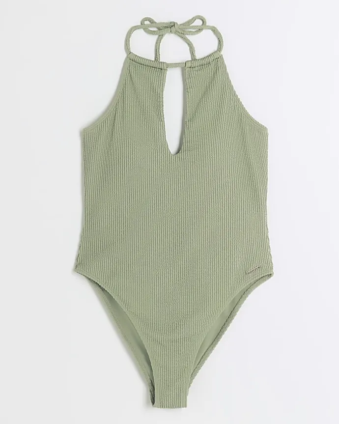 Khaki textured halter swimsuit