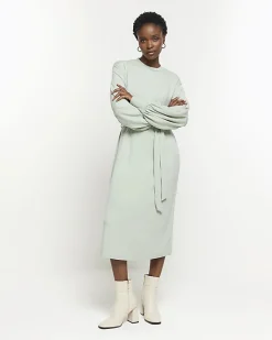 Light Green tie waist sweatshirt midi dress