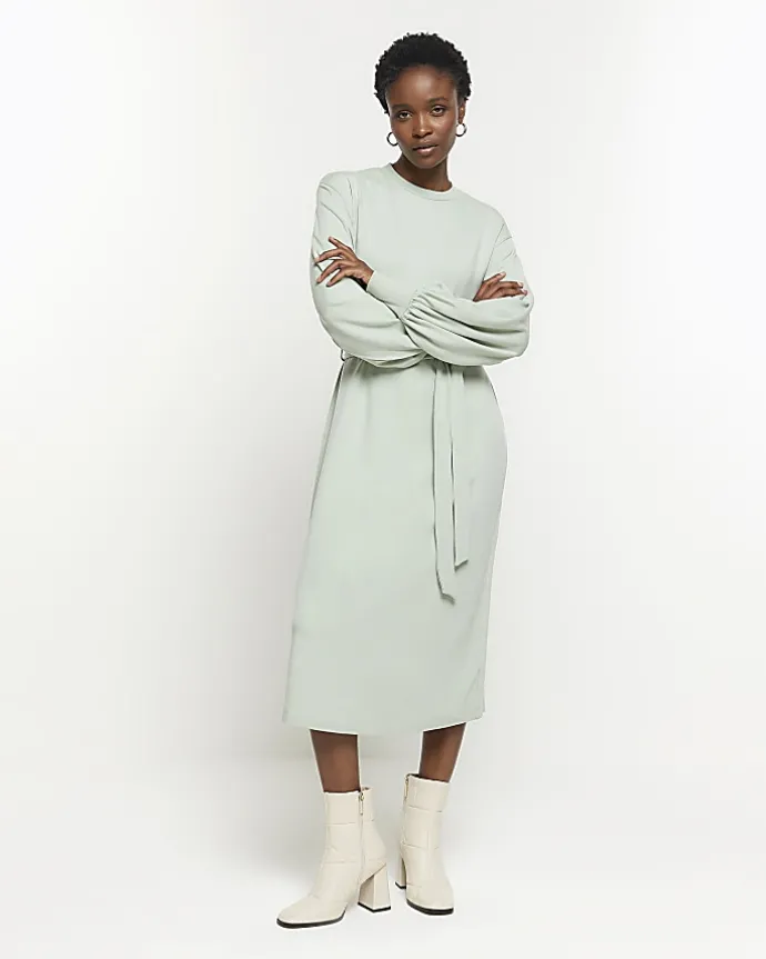 Light Green tie waist sweatshirt midi dress