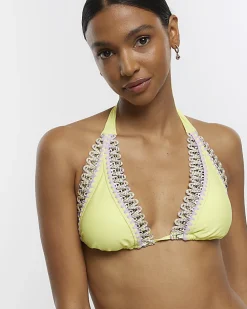 Lime green stitch detail triangle bikini top