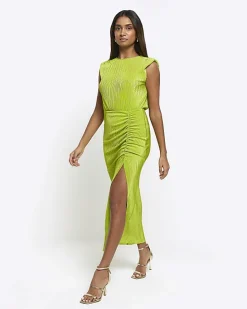 Lime plisse ruched cowl dress