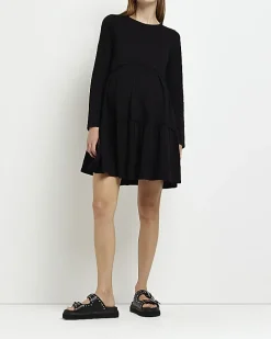 Maternity black long sleeve frill mini dress