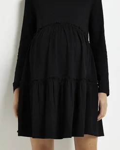 Maternity black long sleeve frill mini dress