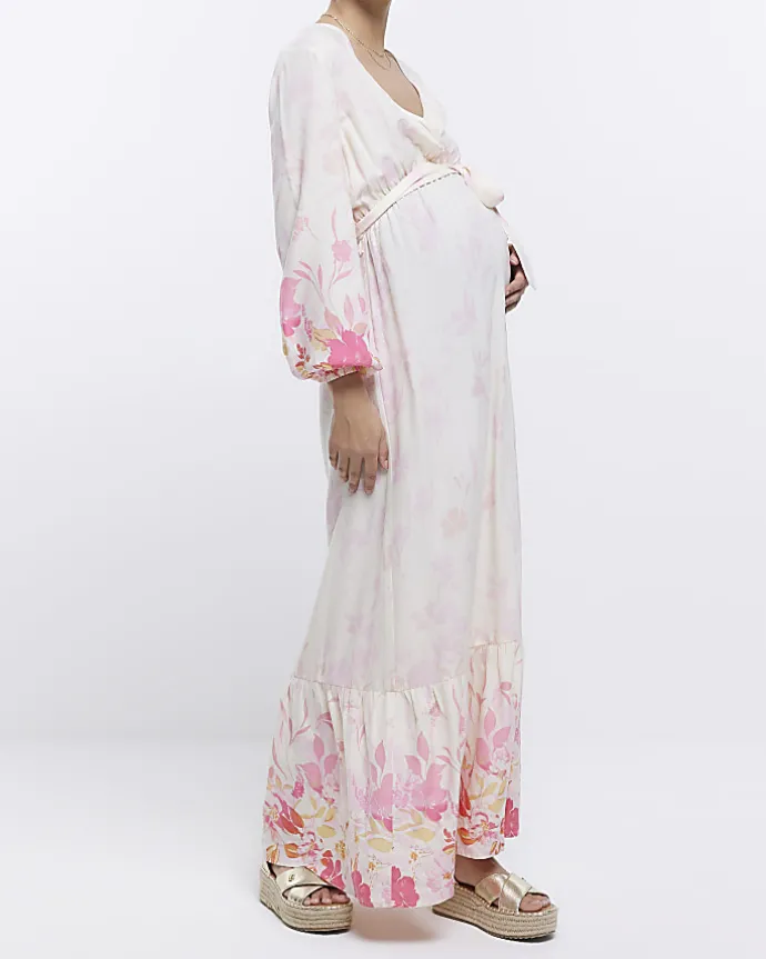 Maternity pink front wrap floral maxi Dress
