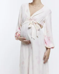 Maternity pink front wrap floral maxi Dress