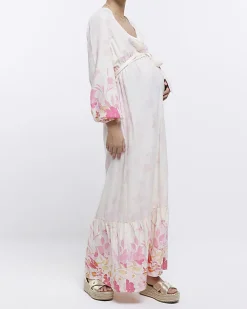 Maternity pink front wrap floral maxi Dress