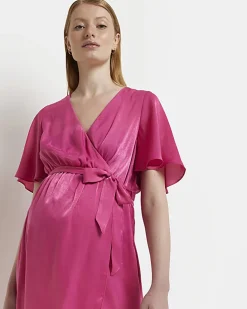Maternity pink satin wrap midi dress