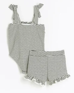 Mini girls black stripe frill swimsuit set