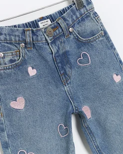 Mini girls blue embroidered heart mom jeans