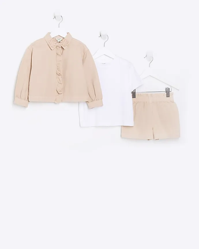 Mini girls coral frill shacket and shorts set