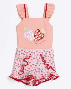 Mini girls coral strawberry swimsuit set