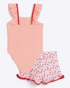 Mini girls coral strawberry swimsuit set