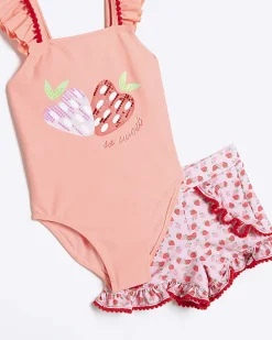 Mini girls coral strawberry swimsuit set