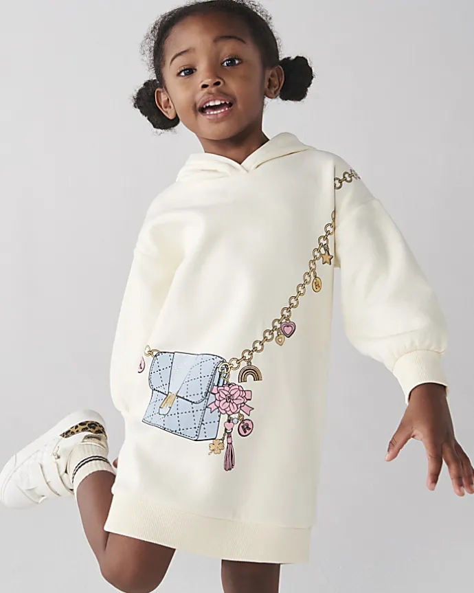 Mini girls cream bag graphic hooded dress
