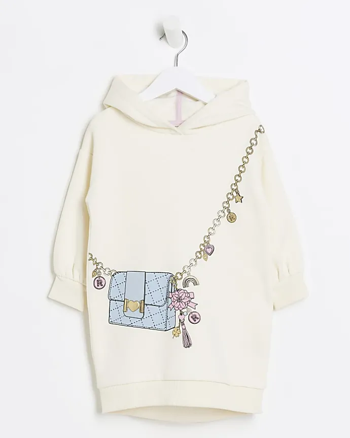 Mini girls cream bag graphic hooded dress