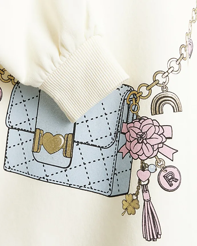 Mini girls cream bag graphic hooded dress