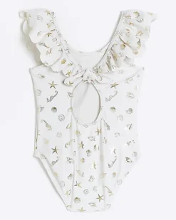 Mini girls cream shell frill swimsuit