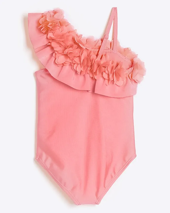 Mini girls pink flower asymmetric swimsuit