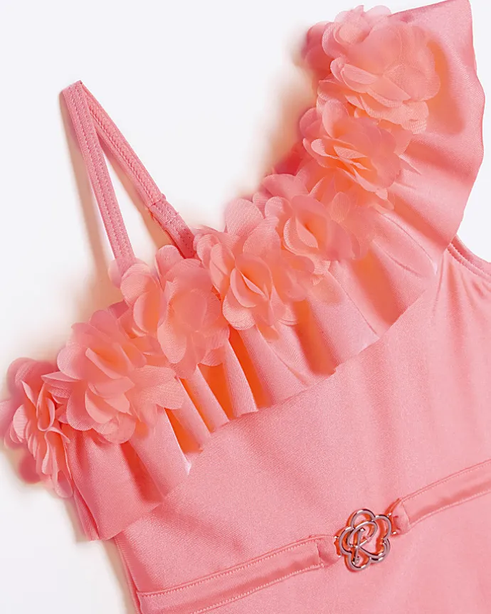 Mini girls pink flower asymmetric swimsuit