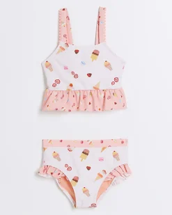Mini girls pink ice cream frill bikini set