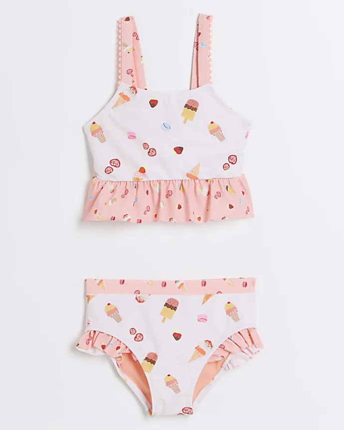 Mini girls pink ice cream frill bikini set