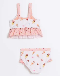 Mini girls pink ice cream frill bikini set