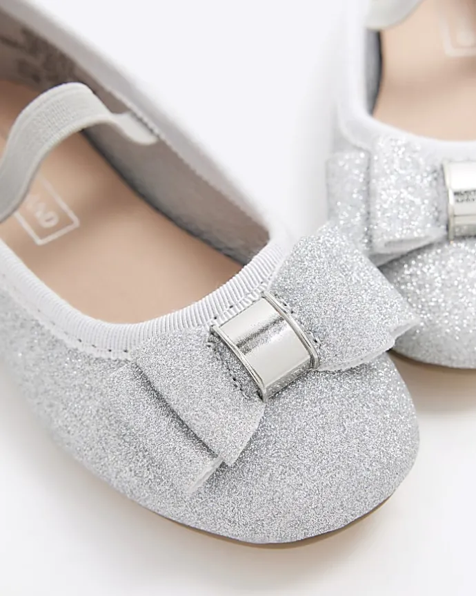 Mini girls silver glitter bow ballet pumps