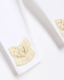 Mini Girls White Check Bow Hem Leggings