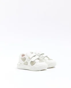 Mini girls White Glitter Heart trainers
