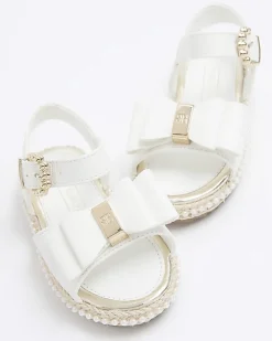 Mini girls white pearl trim bow sandals